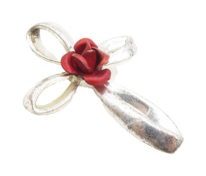 925 Sterling Silver  Petite Shiny Rose Flower Religious Cross Pendant  PT7843