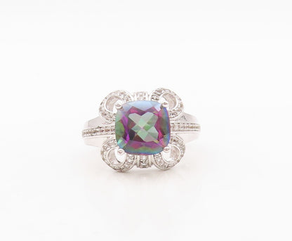 925 Sterling Silver Vintage Ring Designer Mystic Topaz & CZ Flower  Sz 7 RG30463