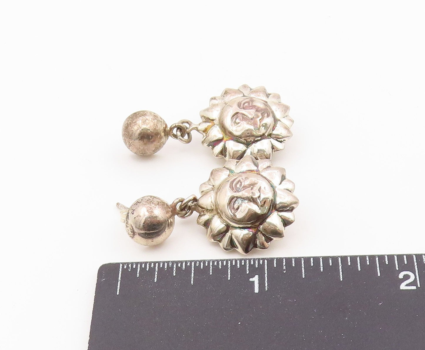 925 Sterling Silver Vintage Earrings Smiling Celestial Sun Face Drop  EG14474