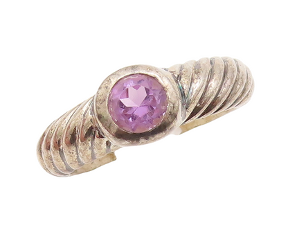 925 Sterling Silver Vintage Ring Grooved Band Round Amethyst Inlay Sz 8  RG29535
