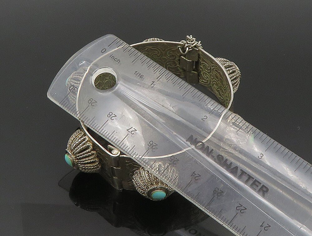 MIDDLE EAST 925 Silver  Vintage Floral Turquoise Etched Bangle Bracelet BT9366