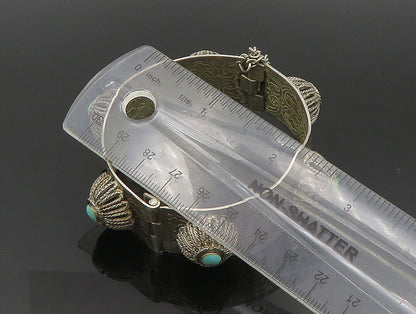 MIDDLE EAST 925 Silver  Vintage Floral Turquoise Etched Bangle Bracelet BT9366