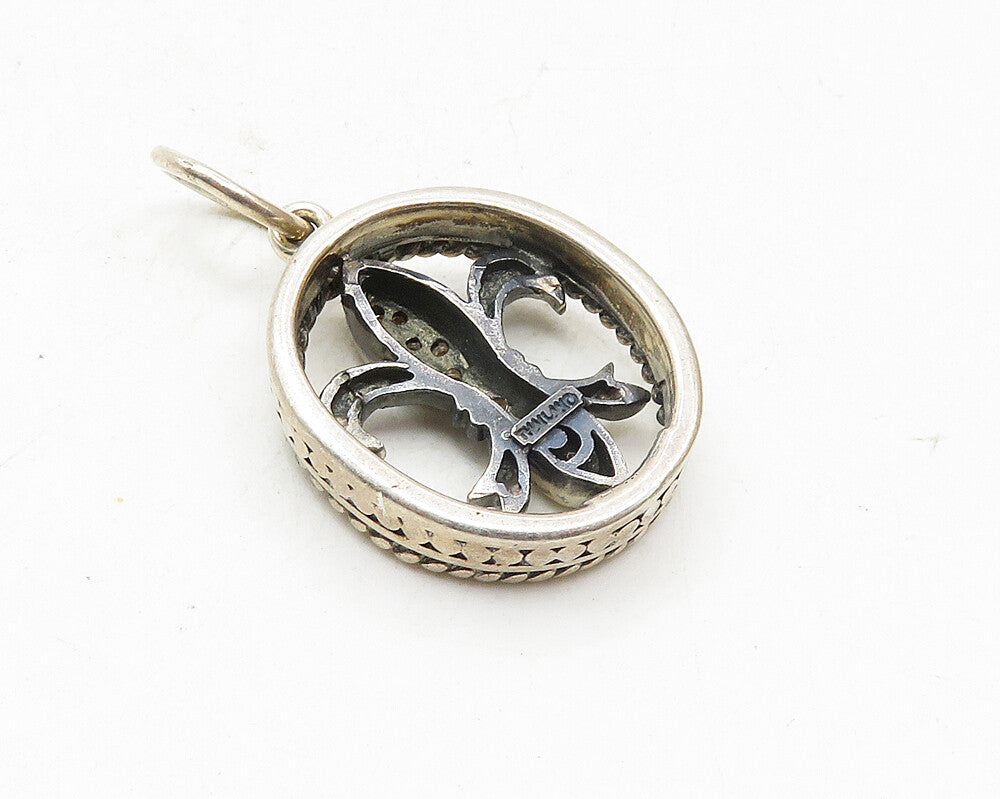 925 Sterling Silver  Vintage Genuine Diamonds Fleur De Lis Drop Pendant PT7515