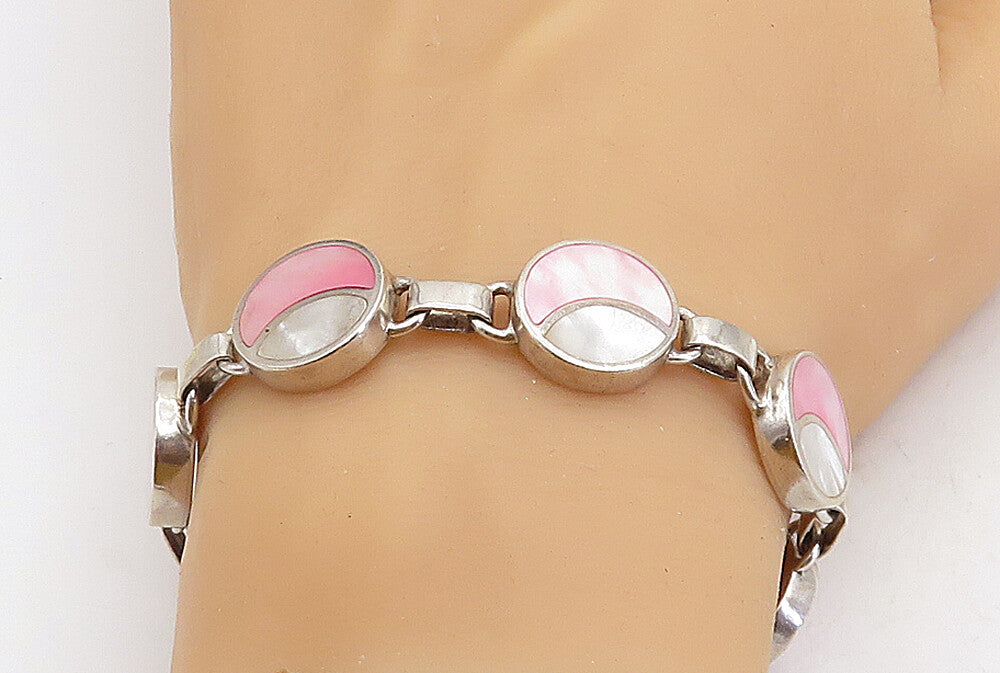 SOUL TOWER 925 Silver  Vintage Inlaid Mother Of Pearl Chain Bracelet  BT1505