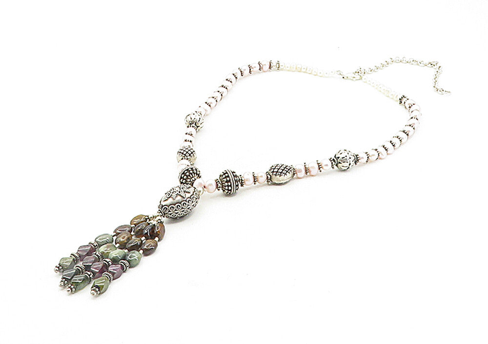 925 Sterling Silver  Vintage Pearls Agate & Amethyst Chain Necklace  NE1655