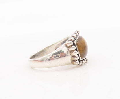 925 Sterling Silver Vintage Ring Rectangle Tiger's Eye Beaded Frame Sz 8 RG29131