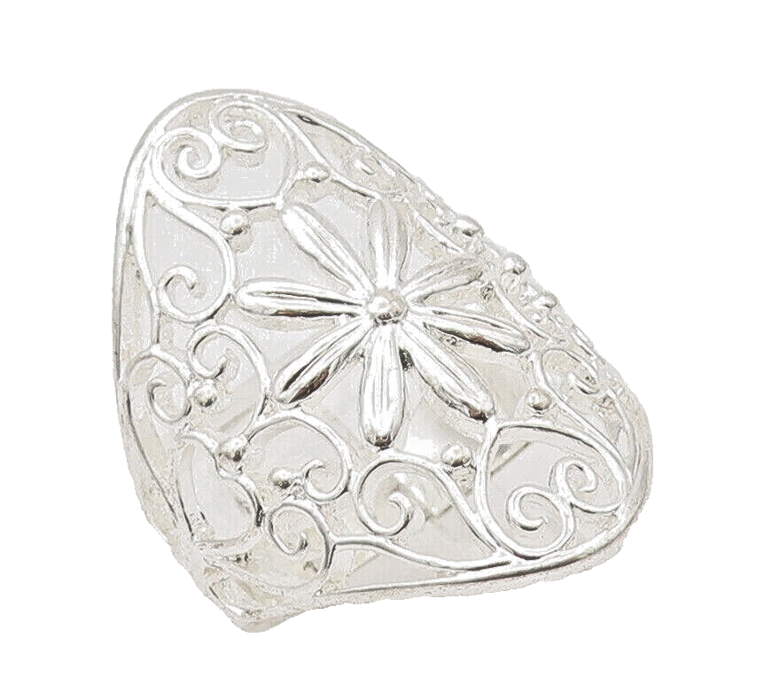 925 Sterling Silver Vintage Ring Swirly Floral Cutout Broad Sz 8.5  RG27948