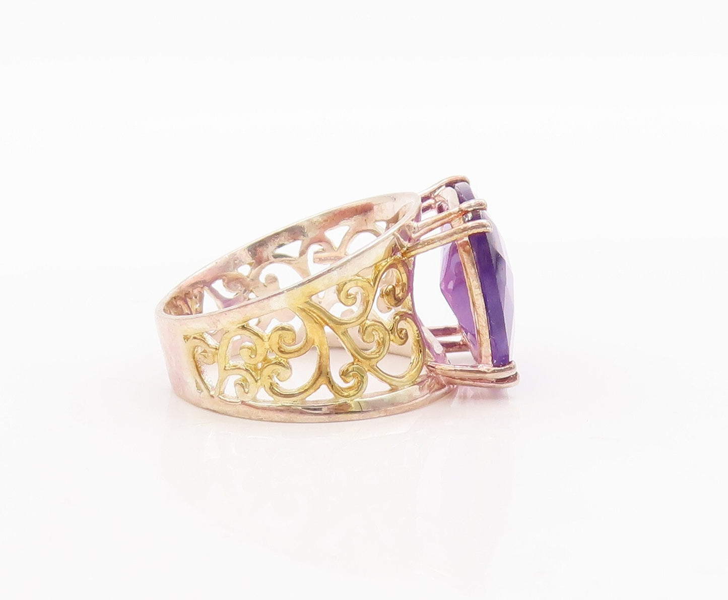 925 Sterling Silver Vintage Ring Swirly Cutout Square Amethyst  Sz 7  RG29465