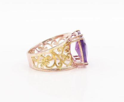 925 Sterling Silver Vintage Ring Swirly Cutout Square Amethyst  Sz 7  RG29465