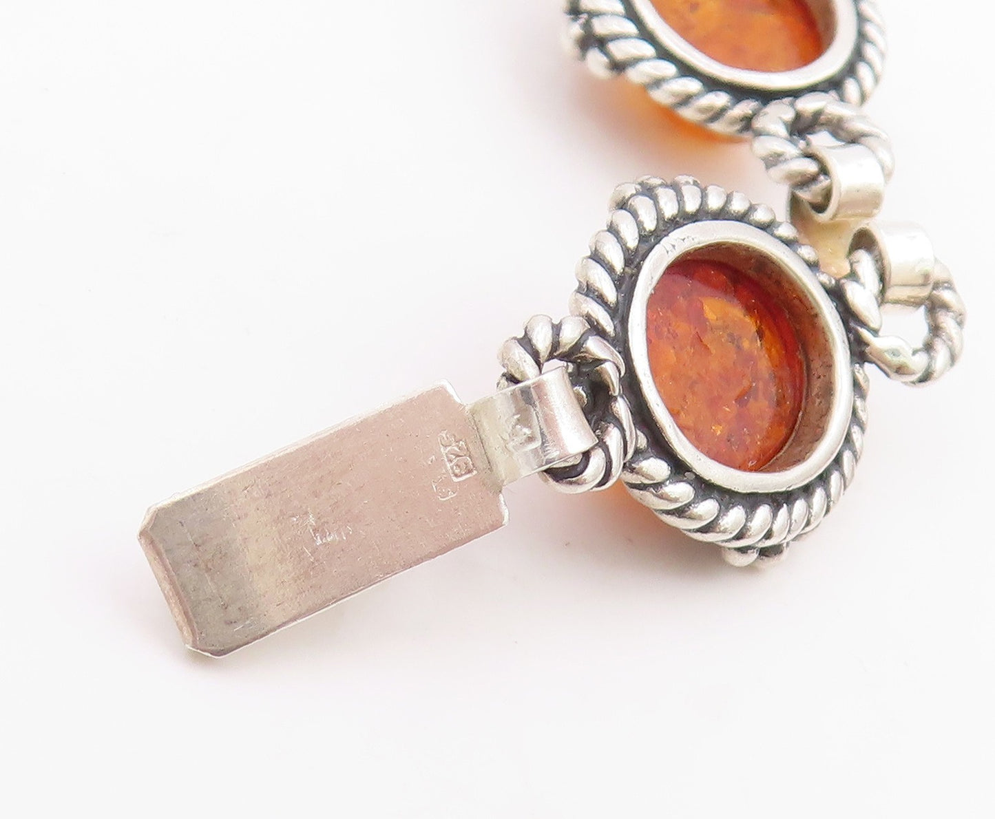 925 Sterling Silver Vintage Bracelet Cabochon Honey Amber Link Chain  BT11849