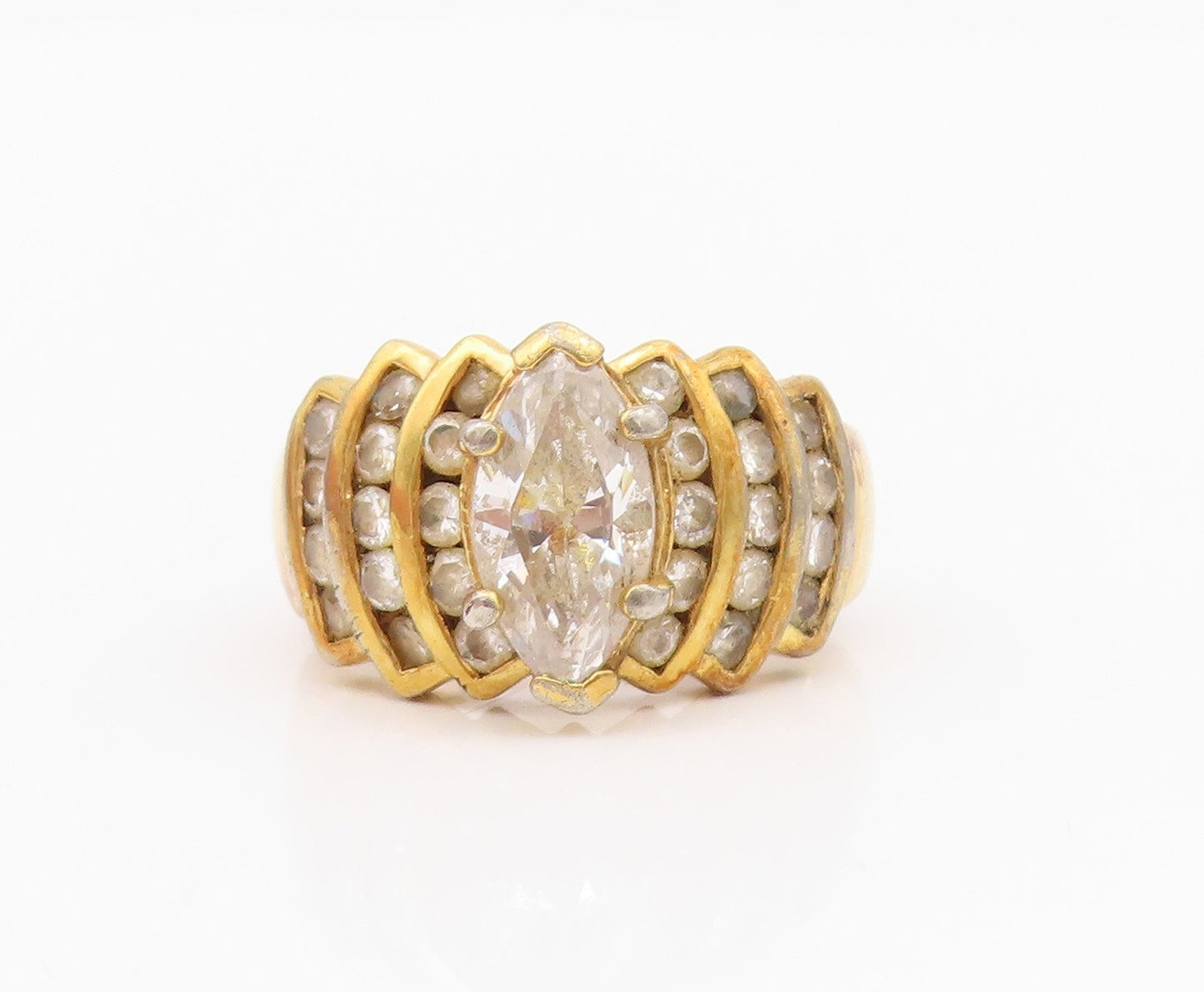 925 Sterling Silver Vintage Ring Gold Plated Marquise & Round CZ  Sz 8  RG33064