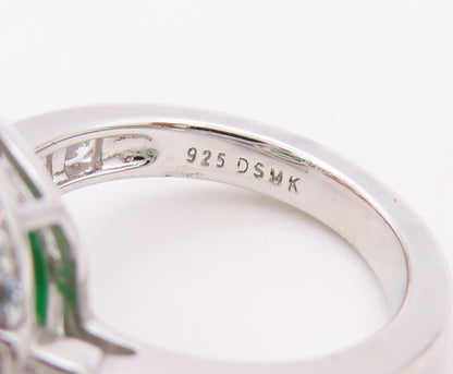 925 Sterling Silver Vintage Ring Oval Cut Green Halo White CZ Inlay Sz 7 RG30641