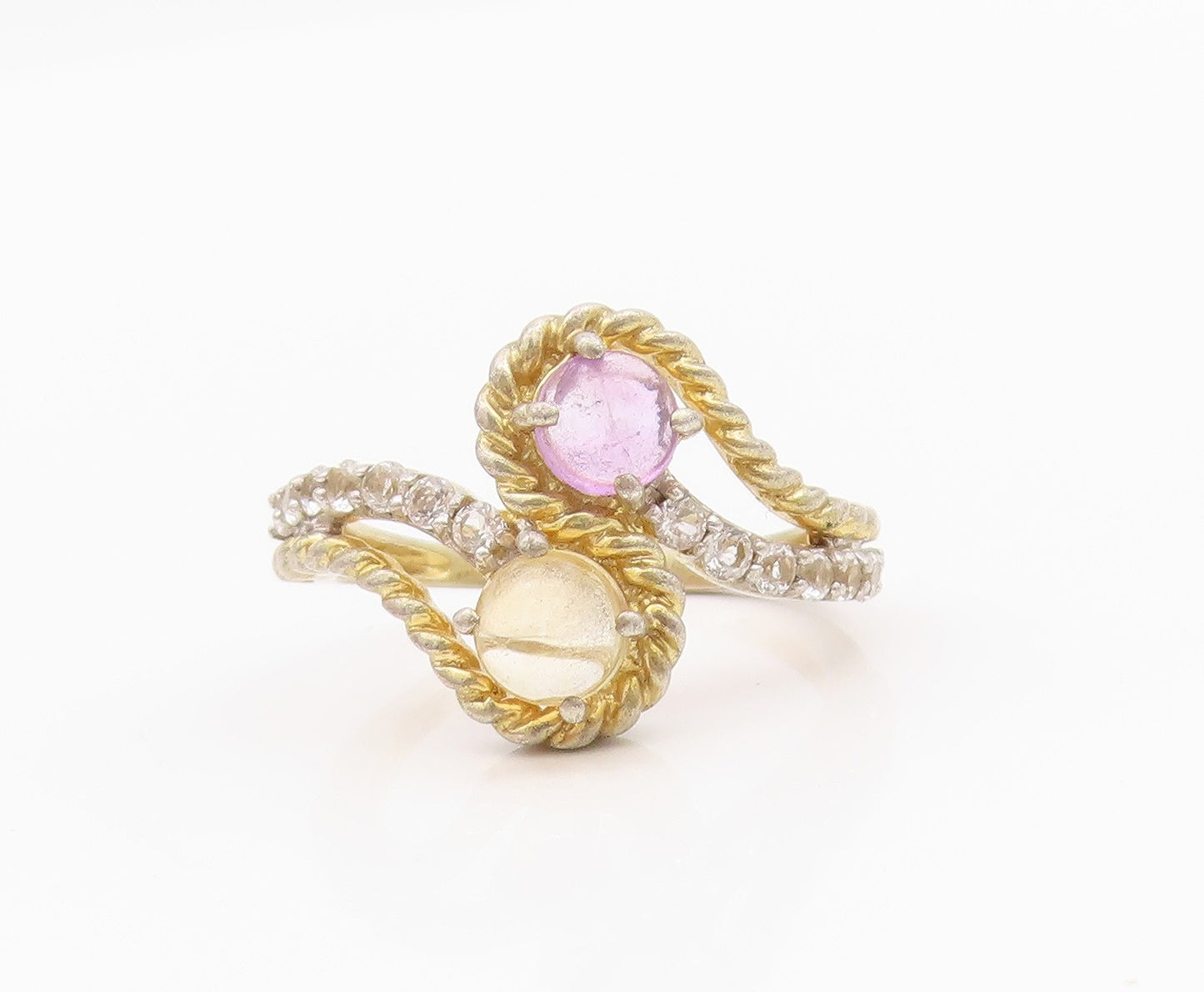 925 Sterling Silver Vintage Ring Gold Plated Roped Amethyst Citrine Sz 7 RG33015