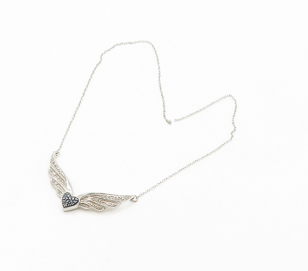 925 Sterling Silver  Genuine Blue & White Diamonds Heart Chain Necklace NE2523