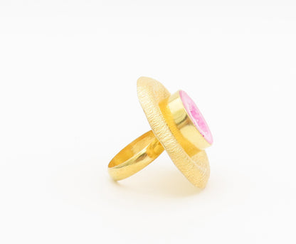 925 Sterling Silver Vintage Ring Gold Plated Pink Druzy Stone Sz 8  RG27983