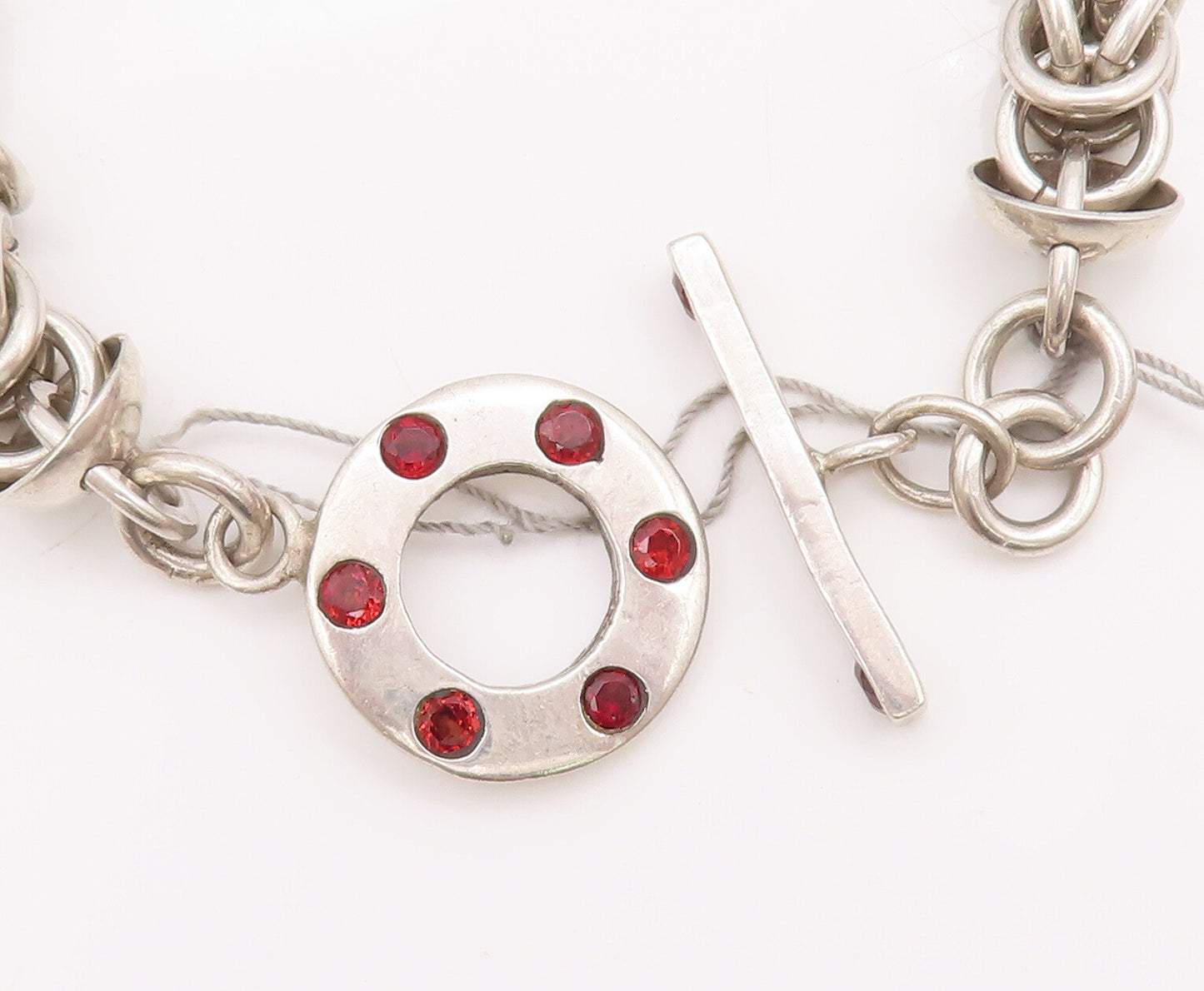 925 Sterling Silver Vintage Bracelet Byzantine Chain Garnet Toggle Lock  BT10508
