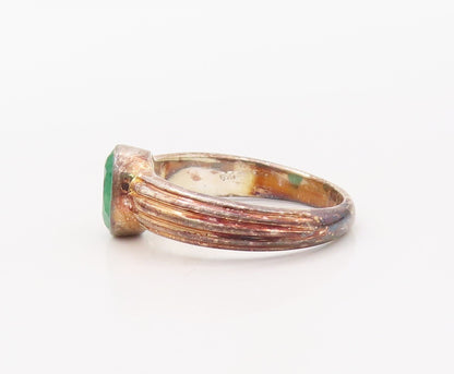 925 Sterling Silver Vintage Ring Grooved Oval Cut Green Gemstone Sz 7.5  RG30753