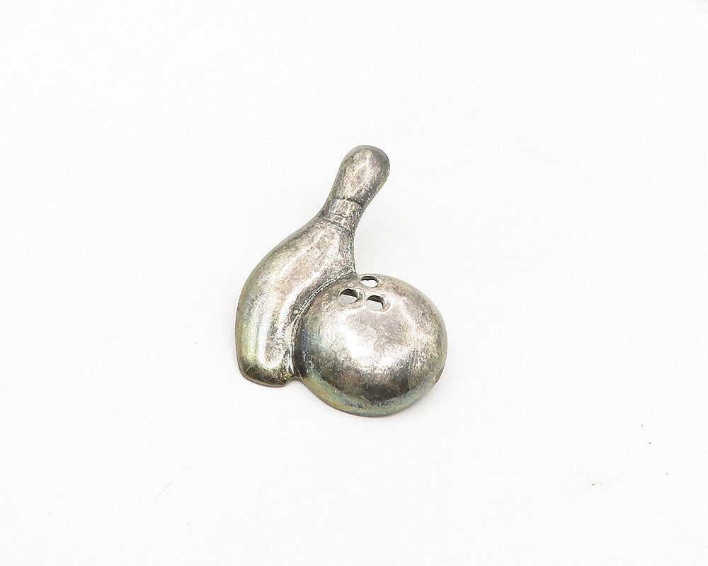 925 Sterling Silver  Vintage Dark Tone Bowling Ball & Pin Brooch Pin  BP7088