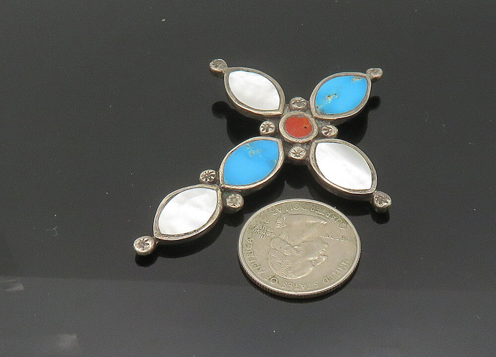ZUNI 925 Sterling Silver Vintage Turquoise & Mother Of Pearl Pendant PT16446