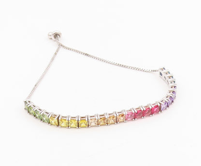 925 Sterling Silver Vintage Bracelet Rainbow Gemstones Tennis Chain  BT11549