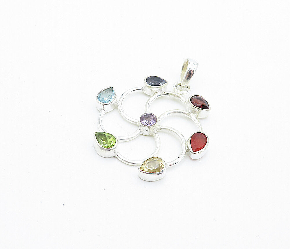925 Sterling Silver  Topaz Tanzanite Peridot & Amethyst Wheel Pendant  PT5584