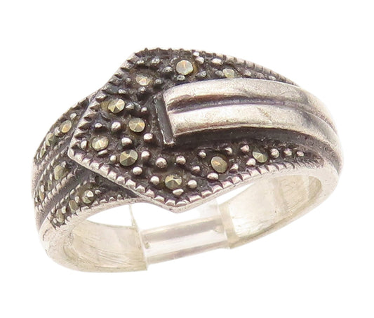 925 Sterling Silver Vintage Ring Marcasite Buckle Design Band  Sz 7.5  RG34531