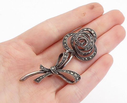925 Sterling Silver  Vintage Marcasite Ribbon Tied Flower Brooch Pin  BP1295