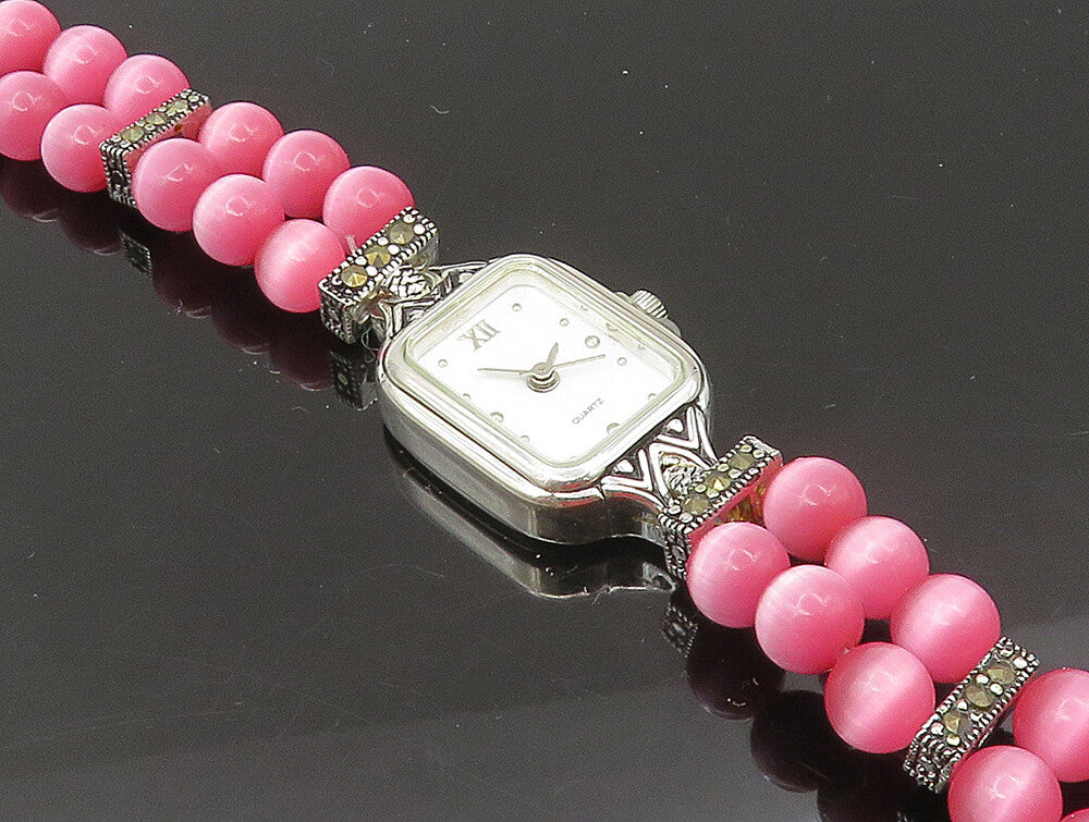 925 Sterling Silver  Beaded Cat's Eye & Marcasite Watch Bracelet  BT1022