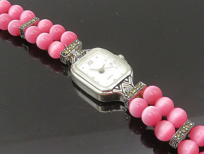 925 Sterling Silver  Beaded Cat's Eye & Marcasite Watch Bracelet  BT1022