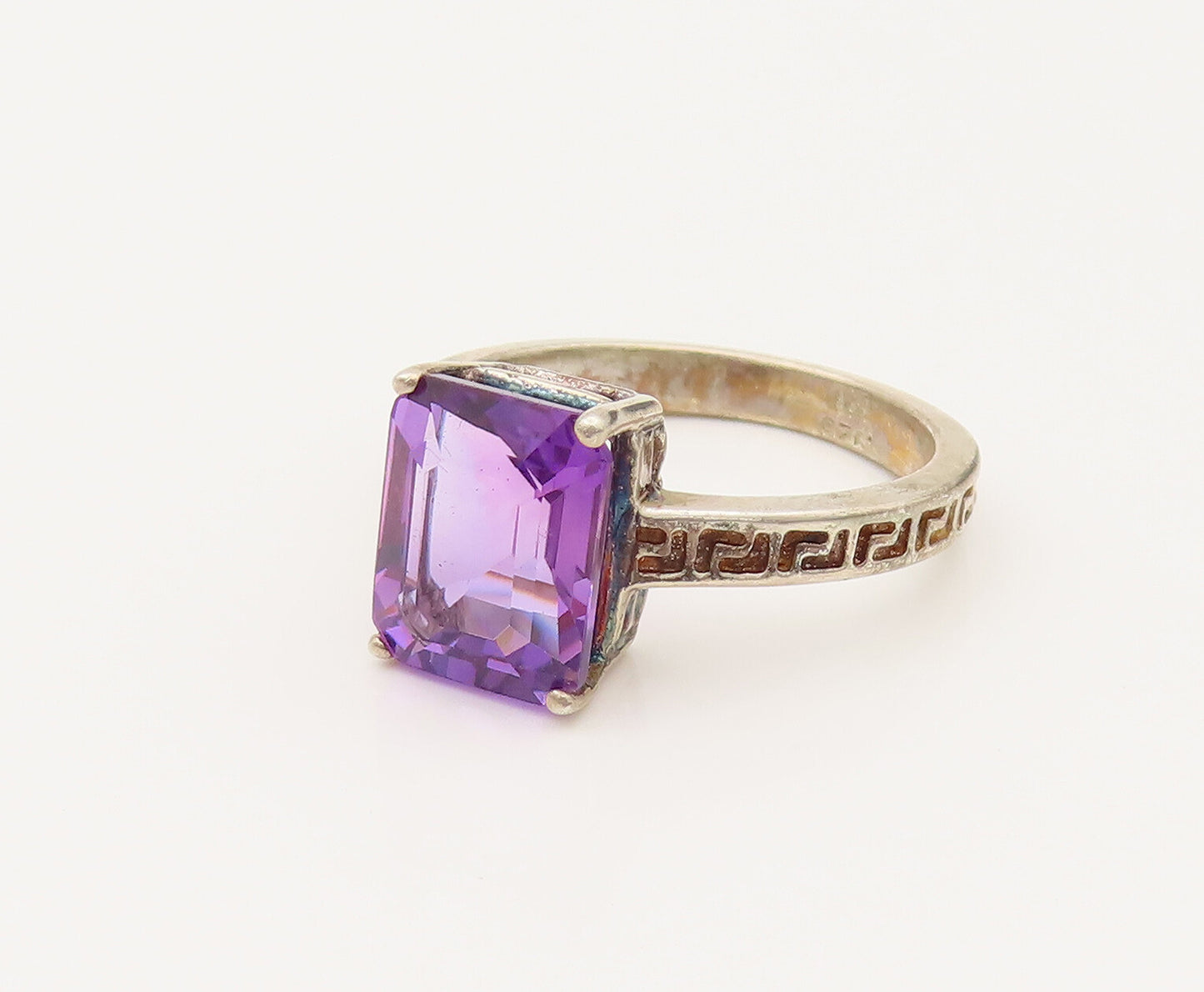 925 Silver  Vintage Rectangle Amethyst Greek Key Shank Ring Sz 7  RG26485