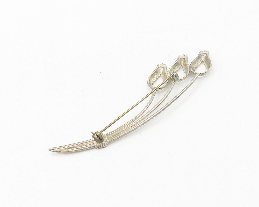 925 Sterling Silver  Vintage Shiny Open Tulip Flowers Motif Brooch Pin  BP7437