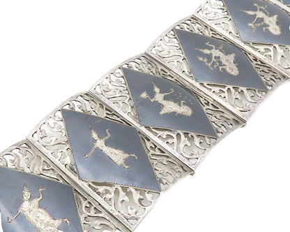 SIAM 925 Sterling Silver  Vintage Enamel Dancer Panel Chain Bracelet  BT7553