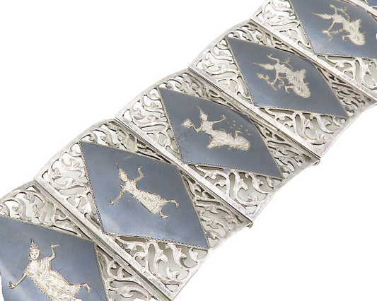 SIAM 925 Sterling Silver  Vintage Enamel Dancer Panel Chain Bracelet  BT7553