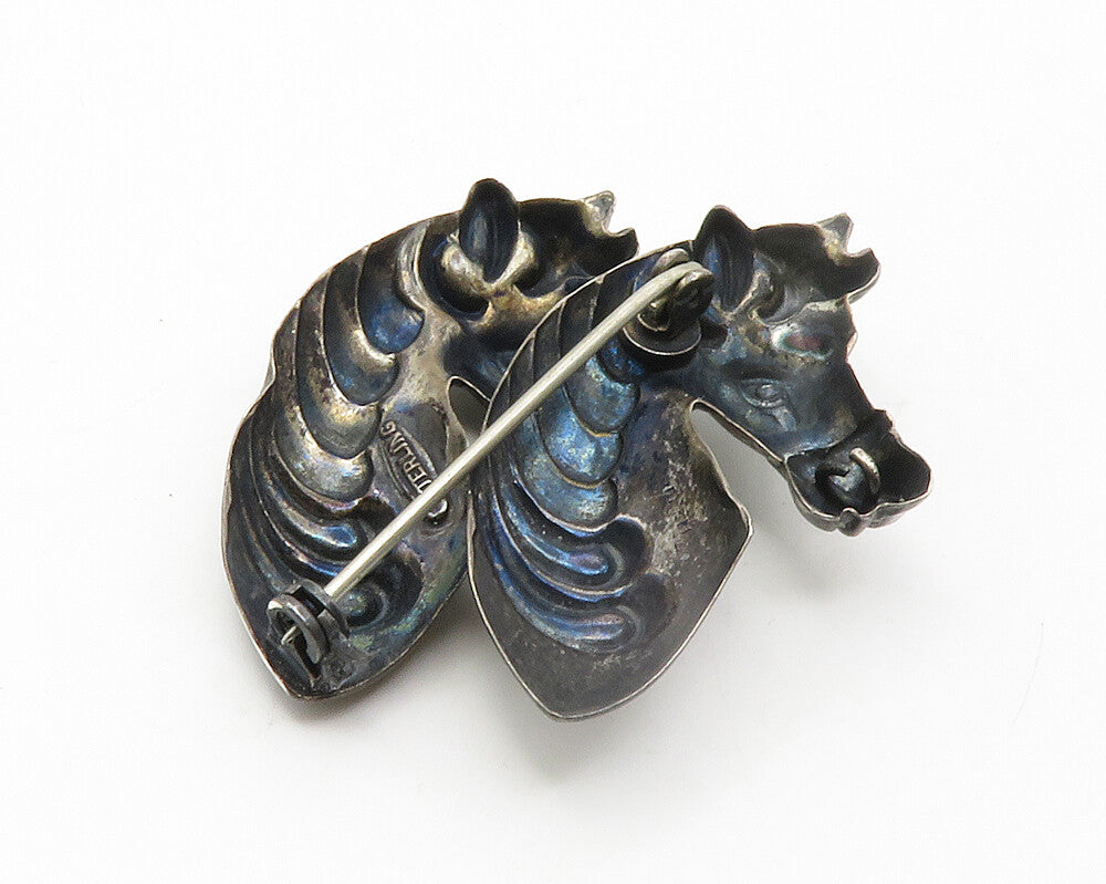 925 Sterling Silver  Vintage Dark Tone Double Horses Head Brooch Pin  BP5432