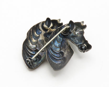 925 Sterling Silver  Vintage Dark Tone Double Horses Head Brooch Pin  BP5432
