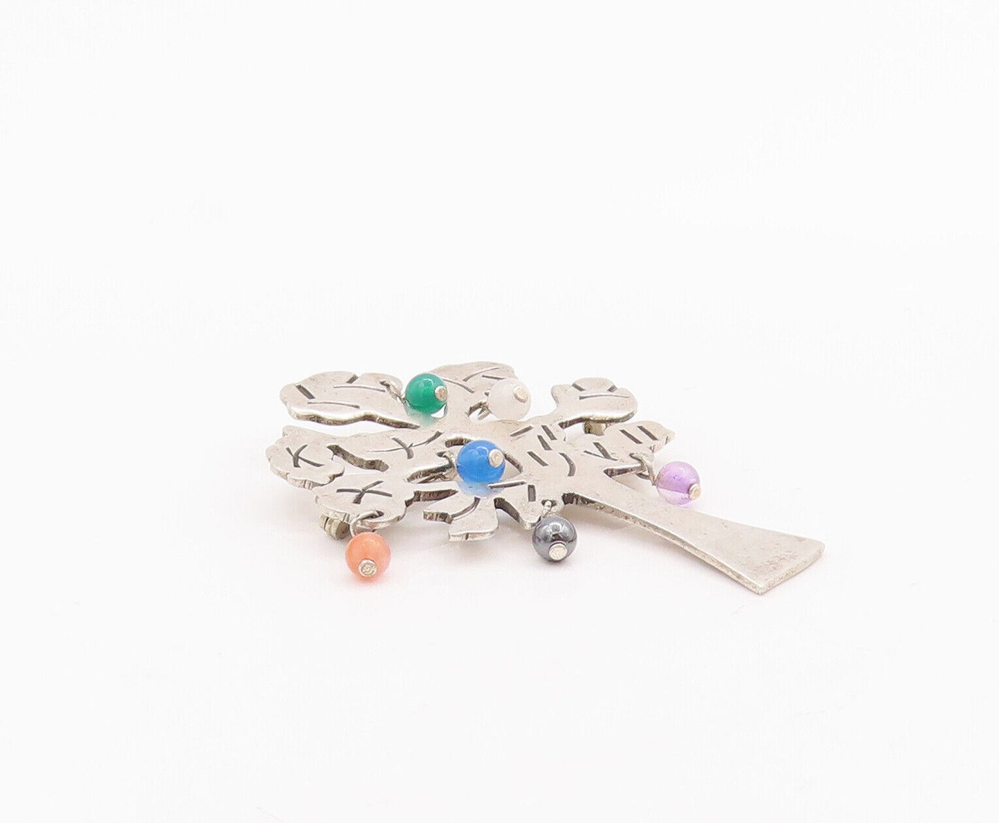 925 Sterling Silver Vintage Brooch Pin Designer Gemstone Beaded Tree  BP10872