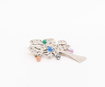 925 Sterling Silver Vintage Brooch Pin Designer Gemstone Beaded Tree  BP10872