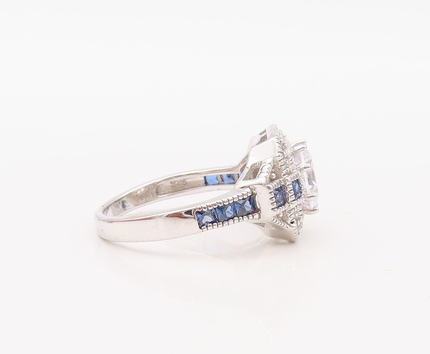 925 Sterling Silver Vintage Ring Designer CZ & Square Sapphire   Sz 7  RG30780