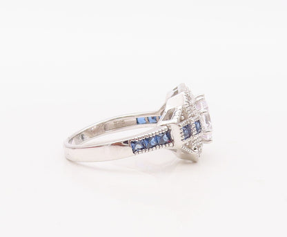 925 Sterling Silver Vintage Ring Designer CZ & Square Sapphire   Sz 7  RG30780