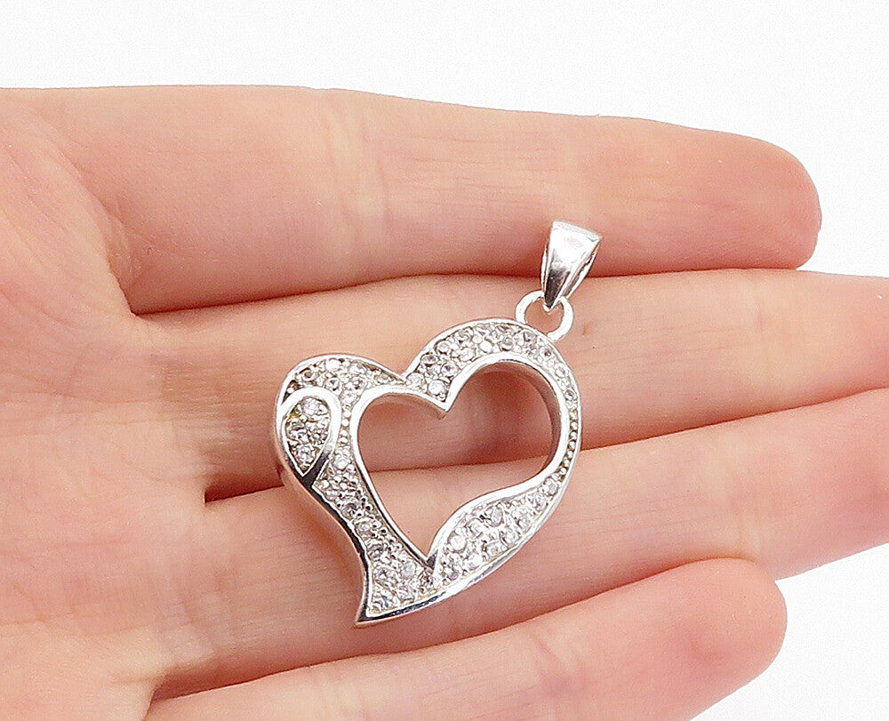 925 Sterling Silver  Sparkling Cubic Zirconia Open Love Heart Pendant  PT3999