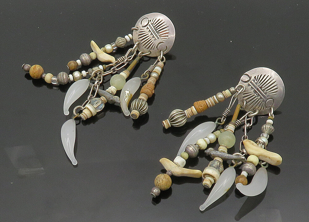 NAVAJO 925 Silver  Vintage Pearl Jasper & Quartz Beaded Dangle Earrings EG9929