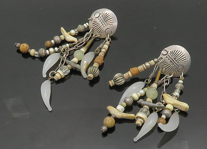 NAVAJO 925 Silver  Vintage Pearl Jasper & Quartz Beaded Dangle Earrings EG9929