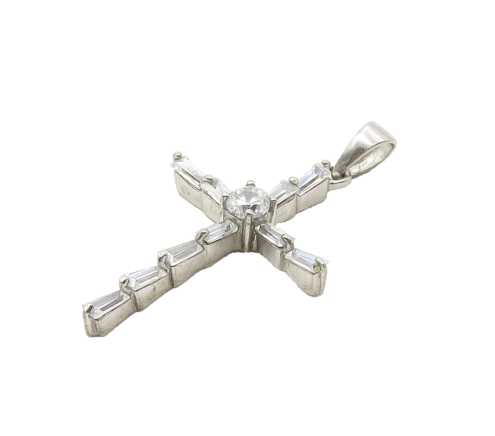 925 Sterling Silver  Sparkling Cubic Zirconia Religious Cross Pendant  PT12420