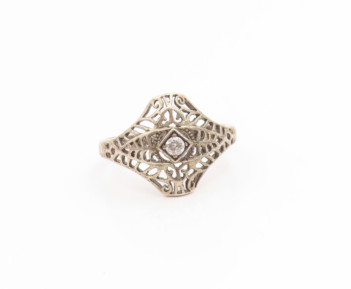 925 Sterling Silver Vintage Ring AVON CZ Intricate Openwork Band  Sz 11  RG35253