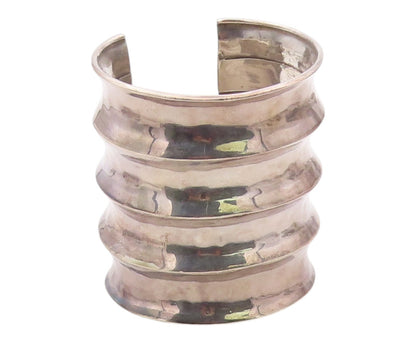 925 Sterling Silver Vintage Bracelet Modernist Solid Ribbed Wide Cuff  BT12136