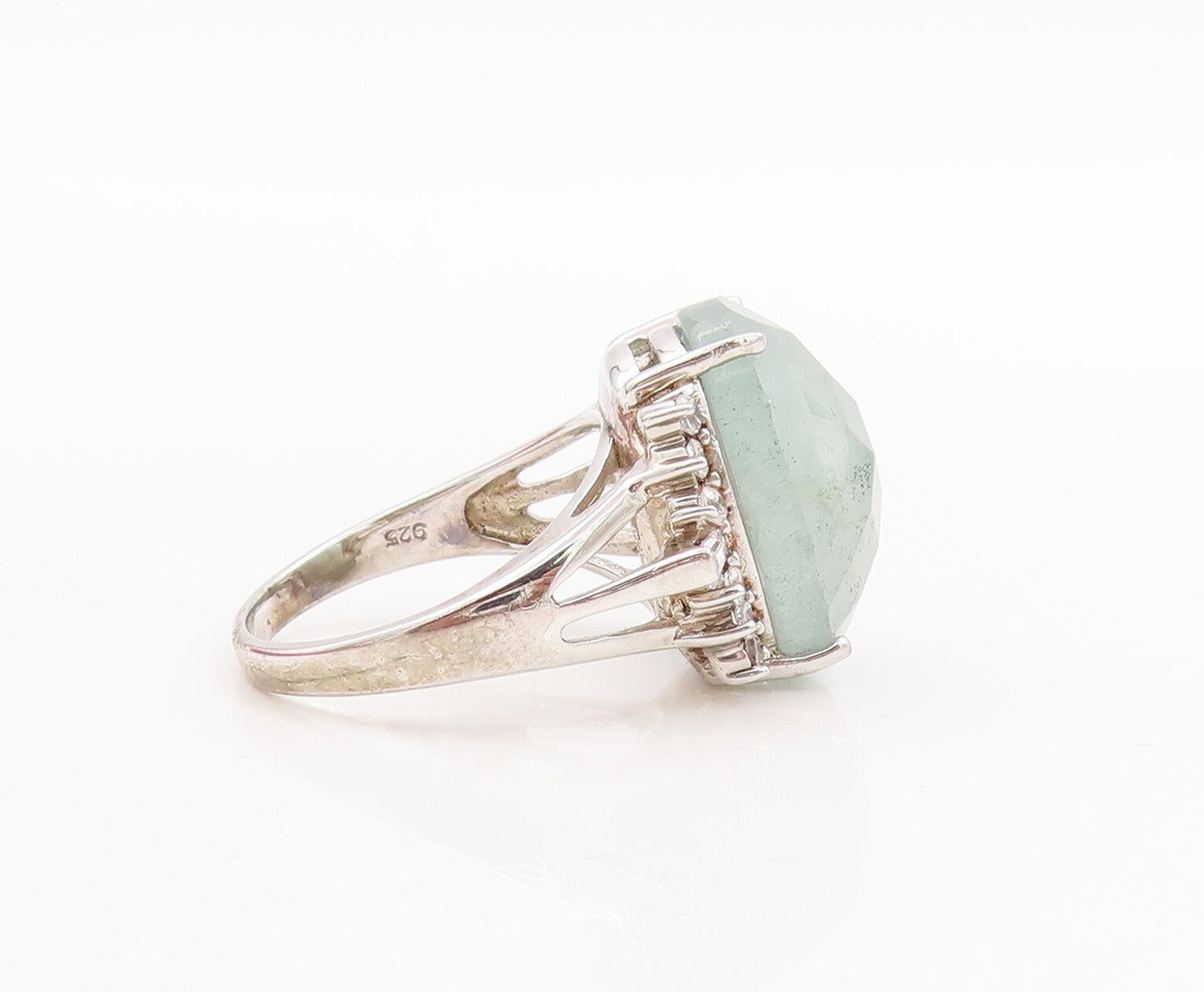 925 Sterling Silver Vintage Ring Large Oval Cut Gemstone & CZ  Sz 7.5  RG29187