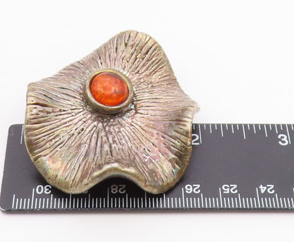 925 Sterling Silver  Vintage Etched Flower Motif Amber Brooch Pin  BP9496