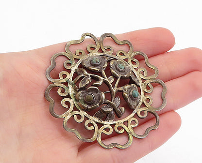 MEXICO 925 Silver  Vintage Antique Turquoise Swirl Border Brooch Pin  BP2155