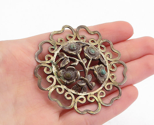 MEXICO 925 Silver  Vintage Antique Turquoise Swirl Border Brooch Pin  BP2155
