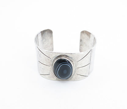 925 Sterling Silver  Vintage Agate Shiny Etched Wide Cuff Bracelet  BT1554